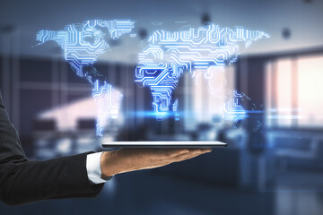 Poster - Big data business with digital microchip world map scheme above businessman hand with digital tablet at office background