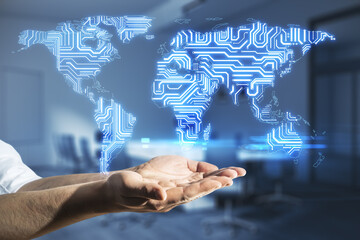 Poster - Big data concept with opened man hands at office background and digital glowing microchip world map scheme