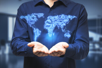 Poster - Big data technology concept with businessman hands and digital microchip world map above