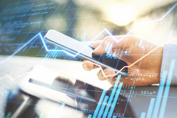 Poster - Trading business online with businessman hand using smartphone and digital display with financial graphs and stock data