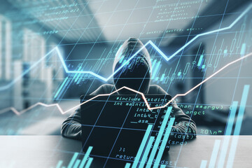 Poster - Trading security and spying concept with noface hacker using laptop an digital display with financial graphs and forex chart