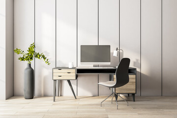 Wall Mural - Blank black computer monitor on modern table in eco style interior room with wooden floor. Mockup