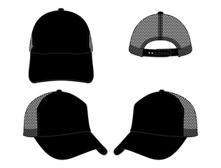 Black mesh trucker cap with adjustable snap-back closure template on white background, vector file