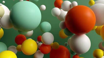 Fototapete - 3d render of orange, yellow and green colorful spheres. Positive and fun background. Dynamic interaction of spheres.