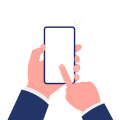 Poster - one hand holds a smartphone and the other touches the screen. mockup for your design. vector.
