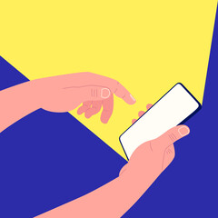 Poster - one hand holds a smartphone and the other touches the screen. yellow light from the smartphone. mock