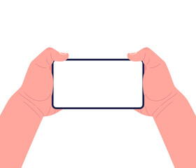 Poster - Two hands holding smartphone horizontally on white background. Mobile gaming concept. Mockup for your app design. Vector.