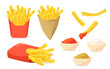 © PCH.Vector - French fries set. Potato sticks in paper cones, ketchup, mayo, mustard sauces isolated on white. Vector illustration for fast food snack, street food concept
