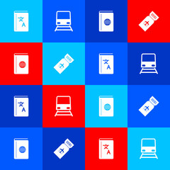 Sticker - Set Translator book, Train, Cover travel guide and Airline ticket icon. Vector.