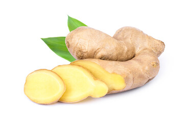 Wall Mural - Fresh ginger root with cut slice isolated on white background