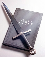 Poster - Bible and Sword on a Bright White Background