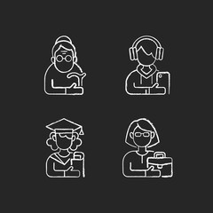 Poster - Age and gender differences chalk white icons set on black background. Female pensioner. Male teenager. Adulthood. Female student. Senile woman. Old-old age. Isolated vector chalkboard illustrations