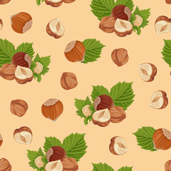 Sticker - Seamless pattern with hazelnuts. Organic food background. Vector illustration of whole nuts, halves and green leaves in cartoon flat style.