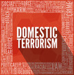 Domestic terrorism typography illustration with a word cloud. Text with long shadows over red background.