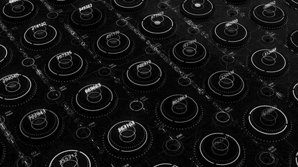 Poster - 3d virtual numbers in circles. Animation. Futuristic neon field with certain numbers in circles. Numbers in neon circles in virtual space on black background