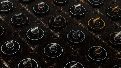 Poster - Numbers in neon circles. Animation. Generated numbers in neon circles inside virtual space. Cyber field with neon circles and certain numbers