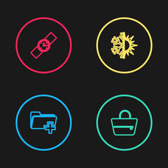 Sticker - Set line Add new folder, Handbag, Sun snowflake and Wrist watch icon. Vector.