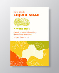Wall Mural - Liquid Soap Package Label Template. Abstract Shapes Camo Background Vector Cover. Cosmetics Packaging Design. Modern Typography and Hand Drawn Kiwano Fruit and a Half Sketch. Isolated