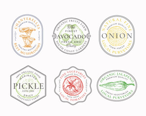 Wall Mural - vegetables and mushrooms frame badges or logo templates collection. hand drawn avocado, onion, pickl