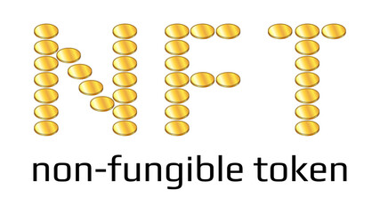 Wall Mural - nft word from golden coins non fungible token isolated on white. pay for unique collectibles in game