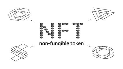 Wall Mural - non fungible tokens infographics nft word from coins with unique icon around isolated on white. pay 