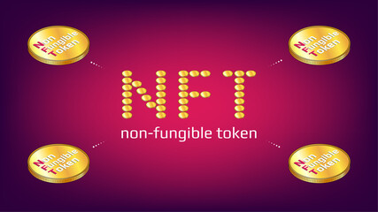Wall Mural - non fungible tokens infographics nft word from golden coins with isometric coins around on red backg