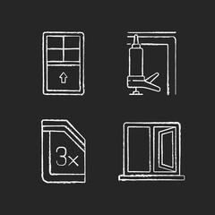 Poster - Residential window and door installation chalk white icons set on black background. Single-hung windows. Heat, cooling loss reduction. Ventilation control. Isolated vector chalkboard illustrations