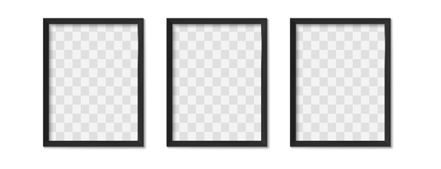 Wall Mural - Black photo frames. Empty modern simple image borders with shadow on gallery wall. Isolated picture framing design vector realistic 3D template. Rectangular shape objects with transparent place