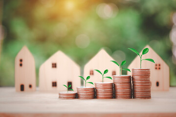 Coins stack with tree in front of houses, concept for saving money, step to keep money for new home, prepare money for future isolate on bokeh background.