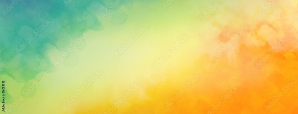 Colorful watercolor background of abstract sunset sky with paint blotches and soft blurred texture in blue green yellow beige and orange border in gradient paint colors  - obrazy, fototapety, plakaty 
