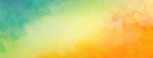 Colorful Watercolor Background Of Abstract Sunset Sky With Paint Blotches And Soft Blurred Texture In Blue Green Yellow Beige And Orange Border In Gradient Paint Colors 
