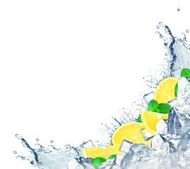 Wall Mural - lemon water splash and ice cubes isolated on white background