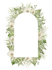 Watercolor floral frame with tropical leaf, white orchid flower, monstera, palm leaf. Botanical arrangement for wedding invites, greeting, cards. Decorative ornament template. Summer floral arch frame