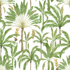 Watercolor seamless pattern with palm trees. Tropical jungle background. Coconut and banana palms. Exotic summer foliage, tropical forest landscape