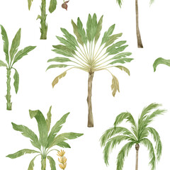 Watercolor seamless pattern with palm trees. Tropical jungle background. Coconut and banana palms. Exotic summer foliage, tropical forest landscape