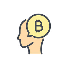 Poster - Bitcoin thoughts color line icon. Head with speech bubble and bitcoin vector outline colorful sign.