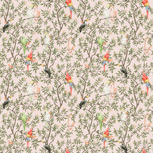 Watercolor Seamless Pattern With Trees And Parrots. Vintage Background In Victorian Style. Boho Paradise Jungle With Branch And Birds. Ara, Toucan, Cockatoo, In Blossom Tree.