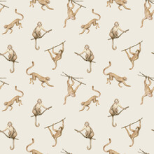 Watercolor Seamless Pattern With Monkeys. Wild Tropical Animals Living In Jungle. 