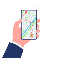 Poster - Mobile GPS navigation and tracking concept. Hand holding smartphone with city map path and location mark on the screen. Vector.