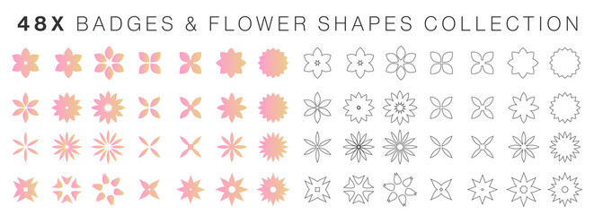 Geometric pink badges and flower shapes set collection. Circular vector abstract elements pack in the shape of badges, flowers, snowflakes, mandalas, crosses or abstract symbols, icons or logos