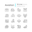 Aviation linear icons set. Civil aviation issues. Flight attendant license. Pilot training financing. Customizable thin line contour symbols. Isolated vector outline illustrations. Editable strokes