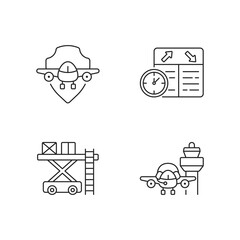 Sticker - Civil aviation safety flights linear icons set. Flight scheduling. Aviation communication. Customizable thin line contour symbols. Isolated vector outline illustrations. Editable strokes