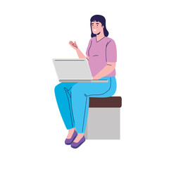 Sticker - young woman using laptop computer vector illustration design