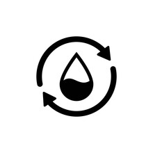 Recycle Water Icon. Water Drop With 2 Sync Arrows. Single Black Round Liquid Recycle Icon. Planet Bio Protection Circle Flat Design