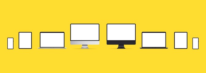 Poster - Set technology devices with empty display. Realistic set of monitor, laptop, tablet, smartphone. Blank device mock up. Electronic devices mockup set. Vector EPS 10
