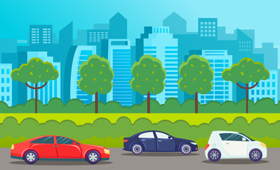 Wall Mural - Cars drive on an asphalt road against the background of tall buildings of the city landscape. Panorama urban road summertime flat vector illustration. Road trips and freight, automobile transport