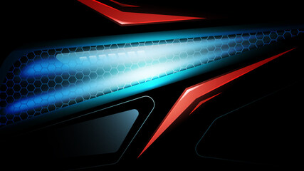 Poster - Dark abstract lighting technology vector background. Black abstract banner with hexagon carbon fiber grid and blue light. Futuristic tech gaming background. Ratio full hd, vector illustration.