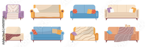 Set of sofa illustrations on theme of leisure furniture. Couch with colorful pillows vector. Sofas isolated on white background. Arrangement of furniture. Living room interior design divan elements © robu_s