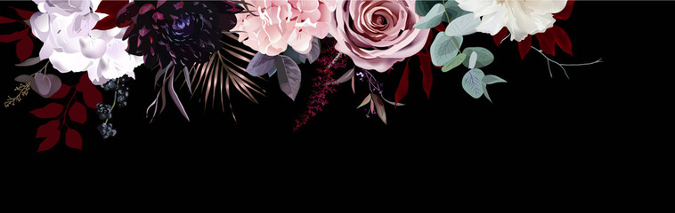 Elegant dark banner, arranged leaves and flowers