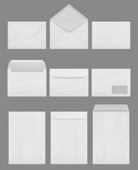 Poster - Envelope mockup. Empty blank business envelopes for a4 correspondence office decent vector realistic templates collection isolated. Illustration envelope correspondence, front folded paper for message